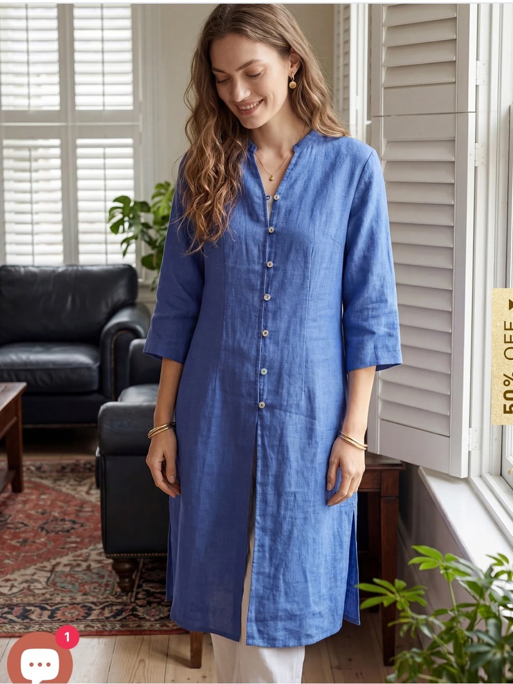 NWT Lintico Dillon 100% Linen Hand Button Front Long Top Size L Royal Blue